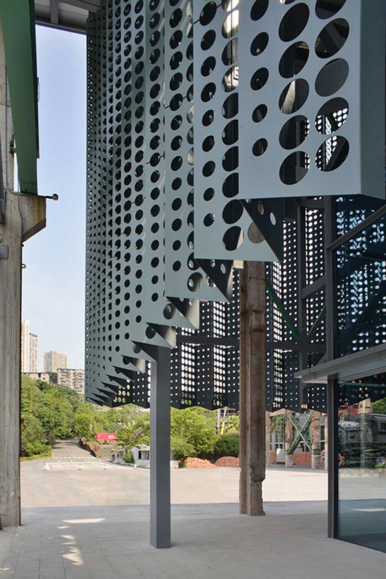 perforated metal facade designed by WallaceLiu in Chongqing Industrial Museum test panels on site
