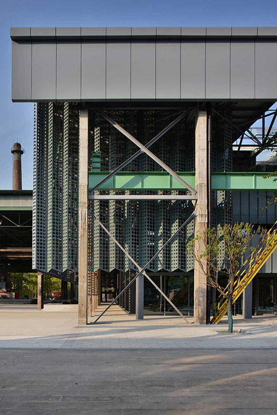 perforated metal facade designed by WallaceLiu in Chongqing Industrial Museum test panels on site