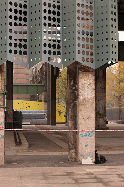perforated metal facade designed by WallaceLiu in Chongqing Industrial Museum test panels on site