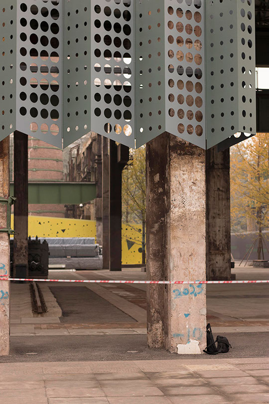 perforated metal facade designed by WallaceLiu in Chongqing Industrial Museum test panels on site
