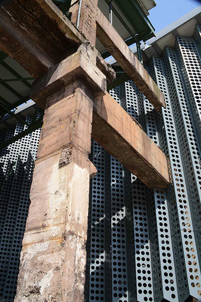perforated metal facade designed by WallaceLiu in Chongqing Industrial Museum test panels on site